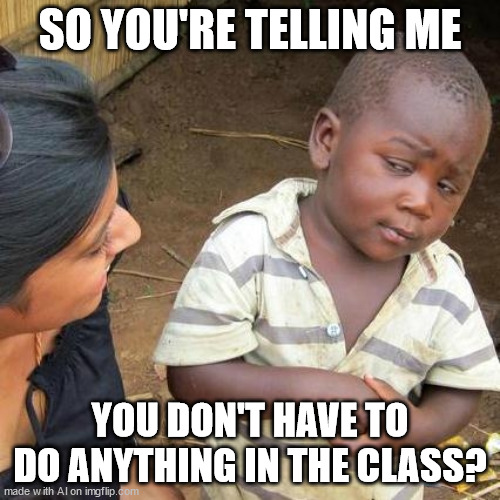 Kids discovering "study block" in 5th-7th grade | SO YOU'RE TELLING ME; YOU DON'T HAVE TO DO ANYTHING IN THE CLASS? | image tagged in memes,third world skeptical kid | made w/ Imgflip meme maker