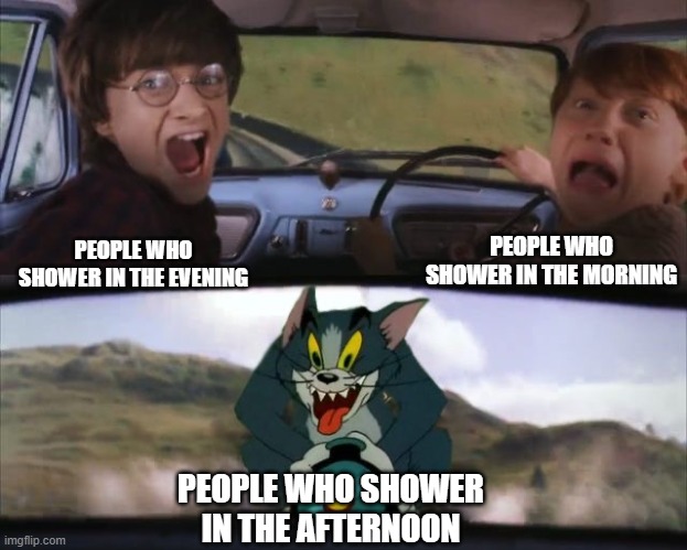 Tom chasing Harry and Ron Weasly | PEOPLE WHO SHOWER IN THE MORNING; PEOPLE WHO SHOWER IN THE EVENING; PEOPLE WHO SHOWER IN THE AFTERNOON | image tagged in tom chasing harry and ron weasly | made w/ Imgflip meme maker
