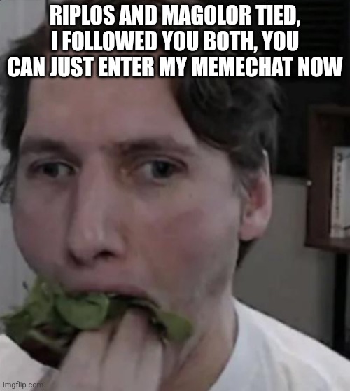 Yay | RIPLOS AND MAGOLOR TIED, I FOLLOWED YOU BOTH, YOU CAN JUST ENTER MY MEMECHAT NOW | image tagged in jerma eating lettuce | made w/ Imgflip meme maker
