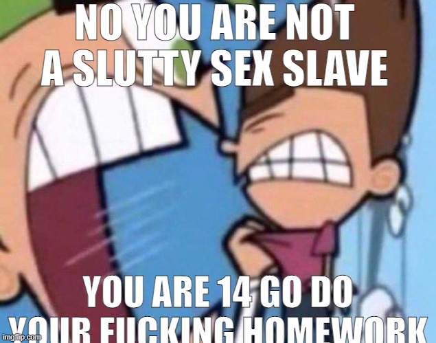 actually doesn't matter if you're 14 or not | NO YOU ARE NOT A SLUTTY SEX SLAVE; YOU ARE 14 GO DO YOUR FUCKING HOMEWORK | image tagged in cosmo yelling at timmy | made w/ Imgflip meme maker