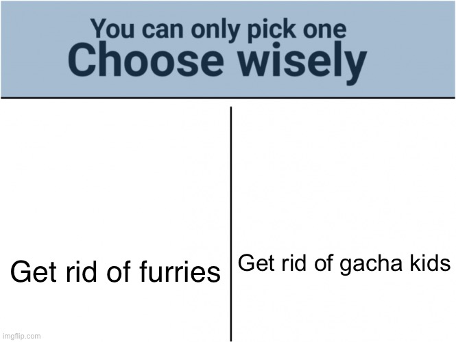 Choose wisely | Get rid of gacha kids; Get rid of furries | image tagged in choose wisely | made w/ Imgflip meme maker