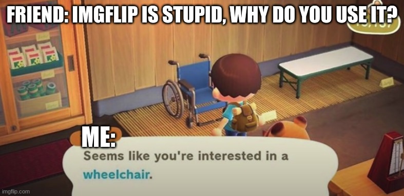 This actually HAS Happend | FRIEND: IMGFLIP IS STUPID, WHY DO YOU USE IT? ME: | image tagged in seems like you're interested in a wheelchair | made w/ Imgflip meme maker