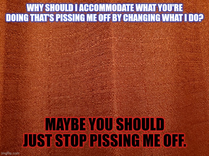WHY SHOULD I ACCOMMODATE WHAT YOU'RE DOING THAT'S PISSING ME OFF BY CHANGING WHAT I DO? MAYBE YOU SHOULD JUST STOP PISSING ME OFF. | image tagged in angry | made w/ Imgflip meme maker