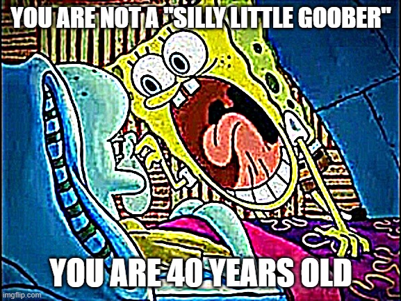 qwertyuiop | YOU ARE NOT A "SILLY LITTLE GOOBER"; YOU ARE 40 YEARS OLD | image tagged in spongebob yelling,q,w,e,r,t | made w/ Imgflip meme maker