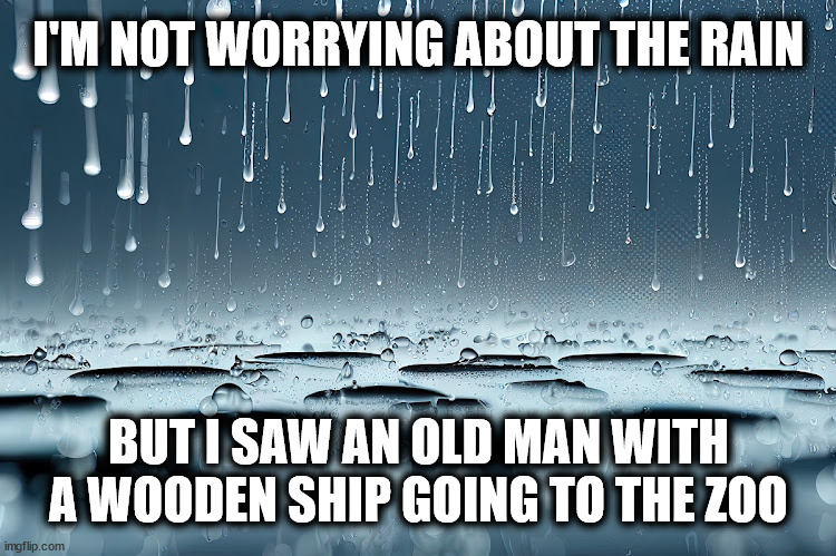 The Flood? | I'M NOT WORRYING ABOUT THE RAIN; BUT I SAW AN OLD MAN WITH A WOODEN SHIP GOING TO THE ZOO | image tagged in raiin | made w/ Imgflip meme maker
