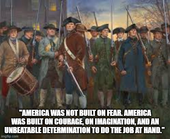 America | "AMERICA WAS NOT BUILT ON FEAR. AMERICA WAS BUILT ON COURAGE, ON IMAGINATION, AND AN UNBEATABLE DETERMINATION TO DO THE JOB AT HAND." | image tagged in usa,patriot,courage,freedom,liberty | made w/ Imgflip meme maker