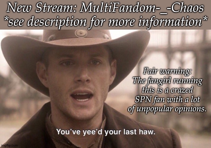 New Stream Out Now: https://imgflip.com/m/MultiFandom-_-Chaos | New Stream: MultiFandom-_-Chaos
*see description for more information*; Fair warning: The fangirl running this is a crazed SPN fan with a lot of unpopular opinions. | image tagged in you ve yee d your last haw | made w/ Imgflip meme maker