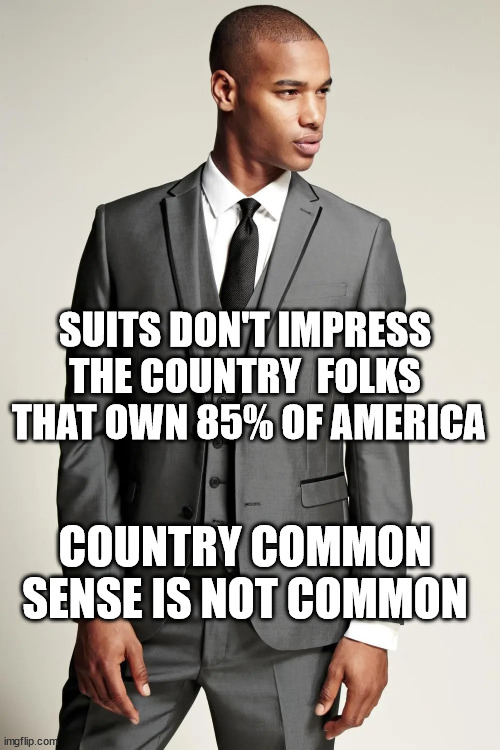 Truth Matters, Black or White. | SUITS DON'T IMPRESS THE COUNTRY  FOLKS
 THAT OWN 85% OF AMERICA; COUNTRY COMMON SENSE IS NOT COMMON | image tagged in racism,division,dc | made w/ Imgflip meme maker