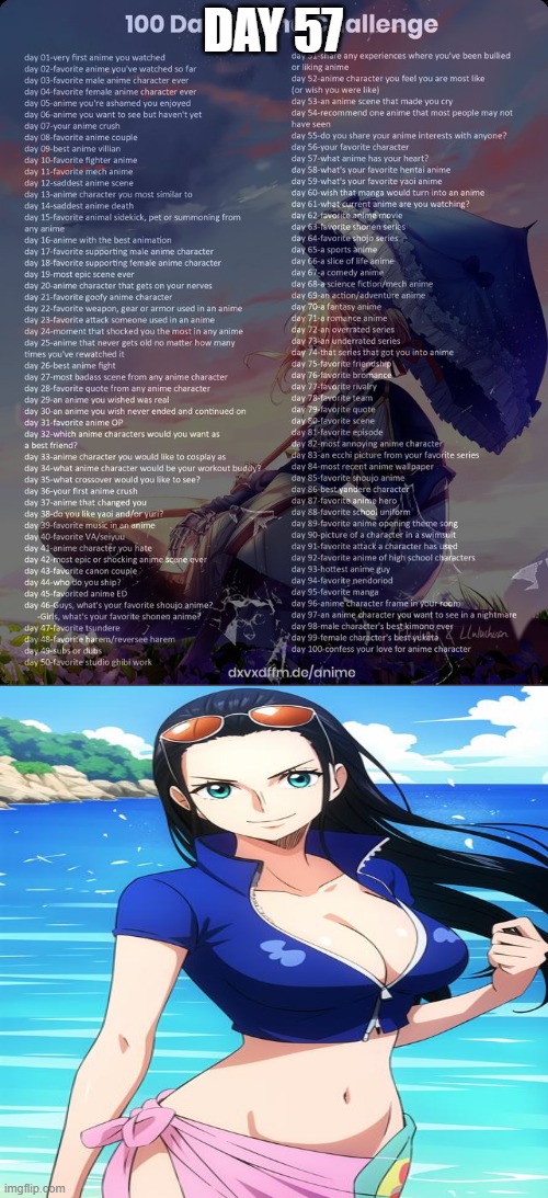 Day 57: Nico Robin (One Piece) | DAY 57 | image tagged in 100 day anime challenge | made w/ Imgflip meme maker