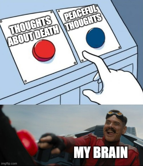 My intrusive thoughts in a nutshell | PEACEFUL THOUGHTS; THOUGHTS ABOUT DEATH; MY BRAIN | image tagged in robotnik button,death,peaceful,intrusive thoughts,2024,brain | made w/ Imgflip meme maker