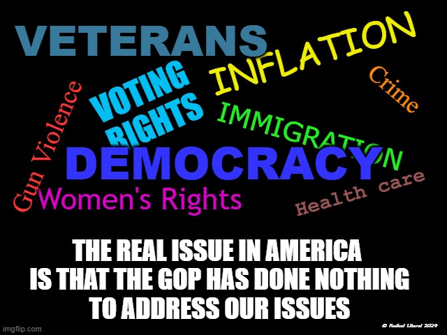 The Real Issue in Amerca | VETERANS; INFLATION; Crime; VOTING RIGHTS; DEMOCRACY; IMMIGRATION; Gun Violence; Women's Rights; Health care; THE REAL ISSUE IN AMERICA
 IS THAT THE GOP HAS DONE NOTHING
 TO ADDRESS OUR ISSUES; © Radical Liberal 2024 | image tagged in gop,republican party,america,issues,gop has done nothing,trump sucks | made w/ Imgflip meme maker