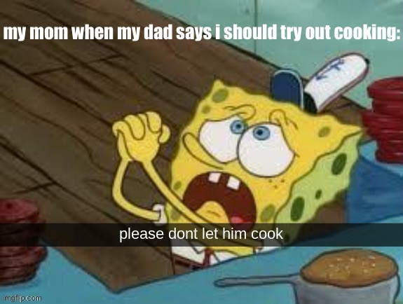 please dont let him cook | my mom when my dad says i should try out cooking: | image tagged in please dont let him cook | made w/ Imgflip meme maker