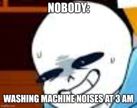 Washing machine noises at 3 AM | NOBODY:; WASHING MACHINE NOISES AT 3 AM | image tagged in scared sans template,3am,jpfan102504 | made w/ Imgflip meme maker