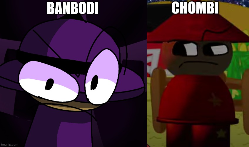 eyebrow twins | CHOMBI; BANBODI | image tagged in banbodi live reaction,chombi eyebrow raise,vsbanbodi,strident crisis,chombi | made w/ Imgflip meme maker