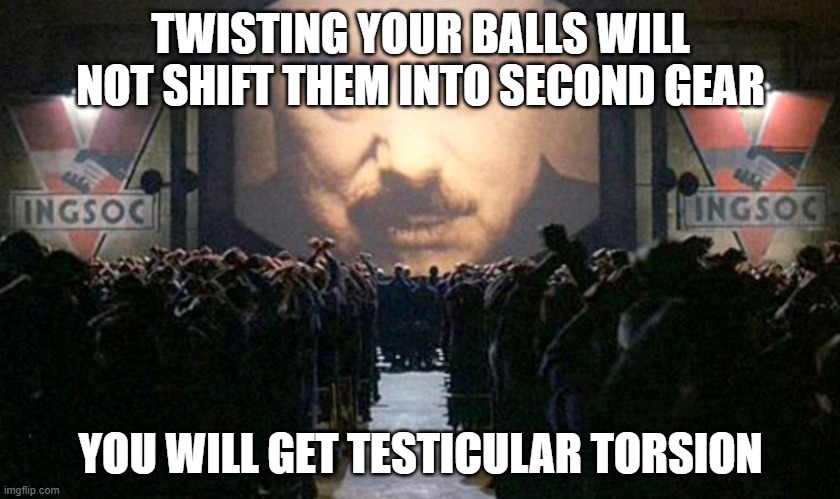 do not twist your balls. | TWISTING YOUR BALLS WILL NOT SHIFT THEM INTO SECOND GEAR; YOU WILL GET TESTICULAR TORSION | image tagged in big brother ingsoc | made w/ Imgflip meme maker