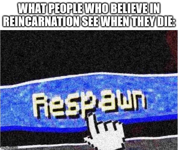 reincarnation | WHAT PEOPLE WHO BELIEVE IN REINCARNATION SEE WHEN THEY DIE: | image tagged in respawn,reincarnation,respawning,minecraft respawn,reincarnate,die | made w/ Imgflip meme maker