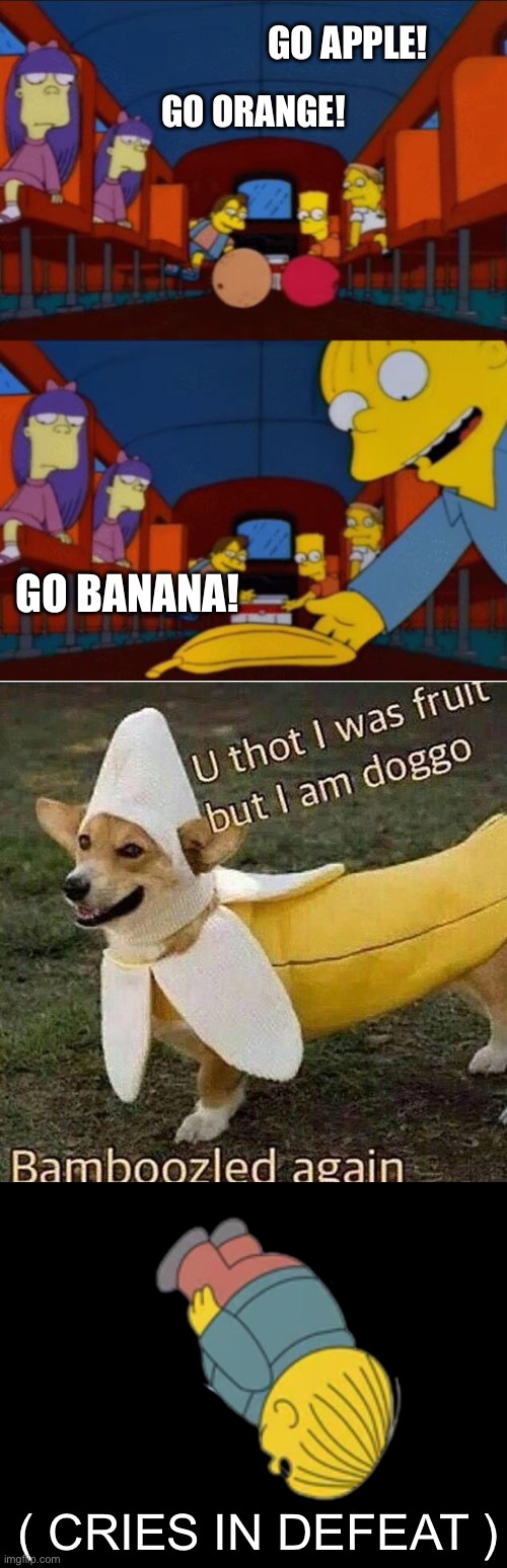Go Banana? | GO APPLE! GO ORANGE! GO BANANA! ( CRIES IN DEFEAT ) | image tagged in go apple go orange go banana simpsons,banana doggo,ralph wiggum through window transparent background,the simpsons,banana | made w/ Imgflip meme maker