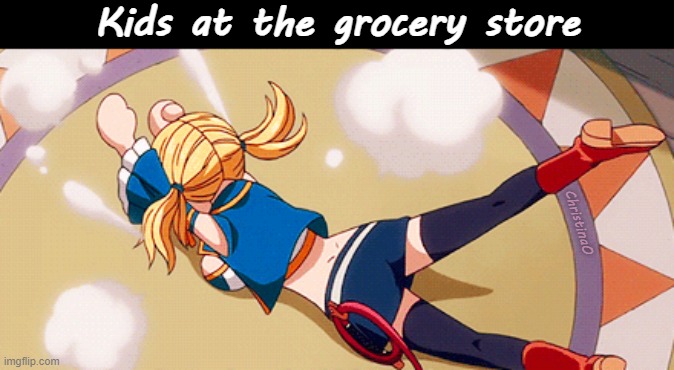 Fairy Tail Memes | Kids at the grocery store; ChristinaO | image tagged in fairy tail,memes,fairy tail memes,fairy tail meme,lucy heartfilia,anime meme | made w/ Imgflip meme maker
