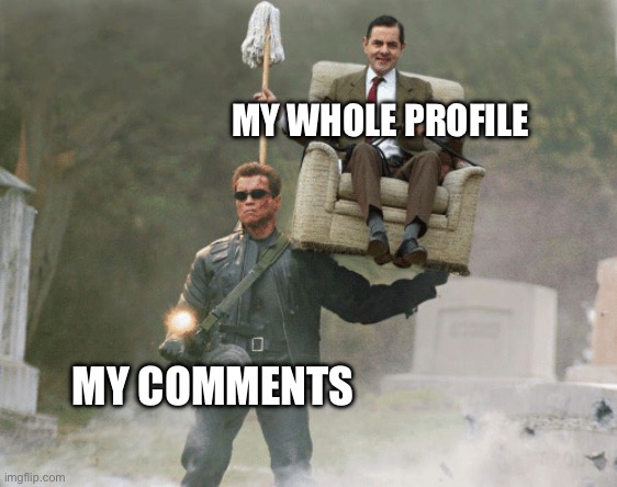 Basically been the backbone of my profile, and carrying better than my featured memes | MY WHOLE PROFILE; MY COMMENTS | image tagged in arnold schwarzenegger mr bean | made w/ Imgflip meme maker