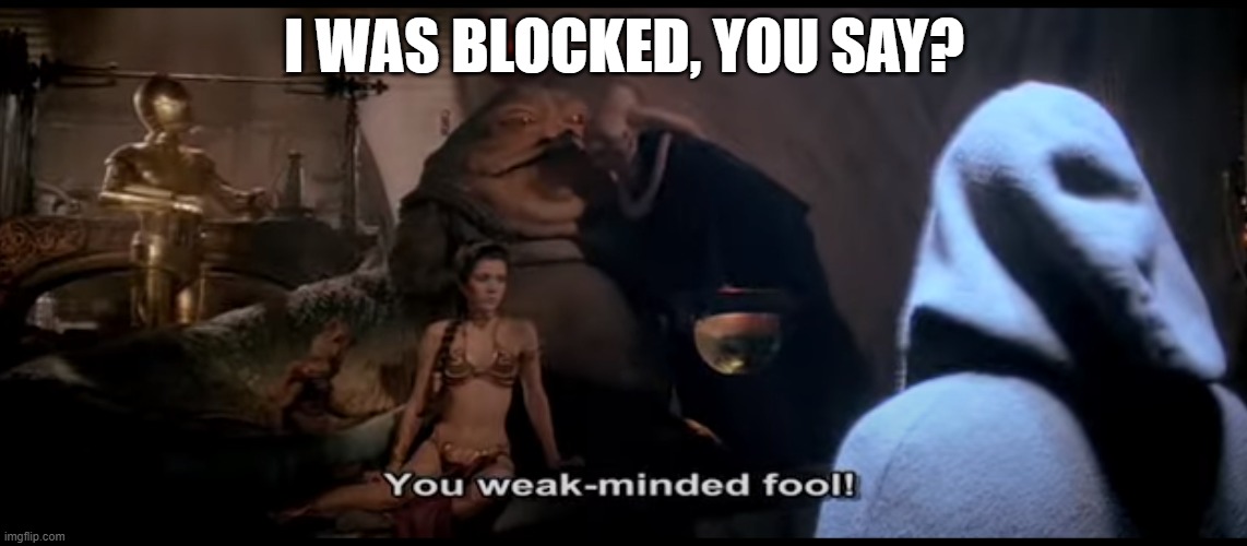 Jabba Doge Blocked | I WAS BLOCKED, YOU SAY? | image tagged in jabba the hutt,jabba,star wars,blocked,safe space,liberal logic | made w/ Imgflip meme maker