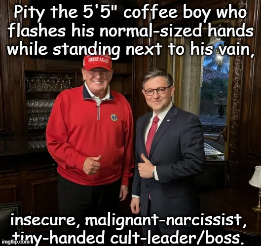 MAGA Mike Johnson is Doomed! | Pity the 5'5" coffee boy who
flashes his normal-sized hands
while standing next to his vain, insecure, malignant-narcissist,
tiny-handed cult-leader/boss. | image tagged in trump tiny hands,maga mike doomed,mike johnson coffee boy,trump has itty bitty hands,convict trump,convict 45 | made w/ Imgflip meme maker
