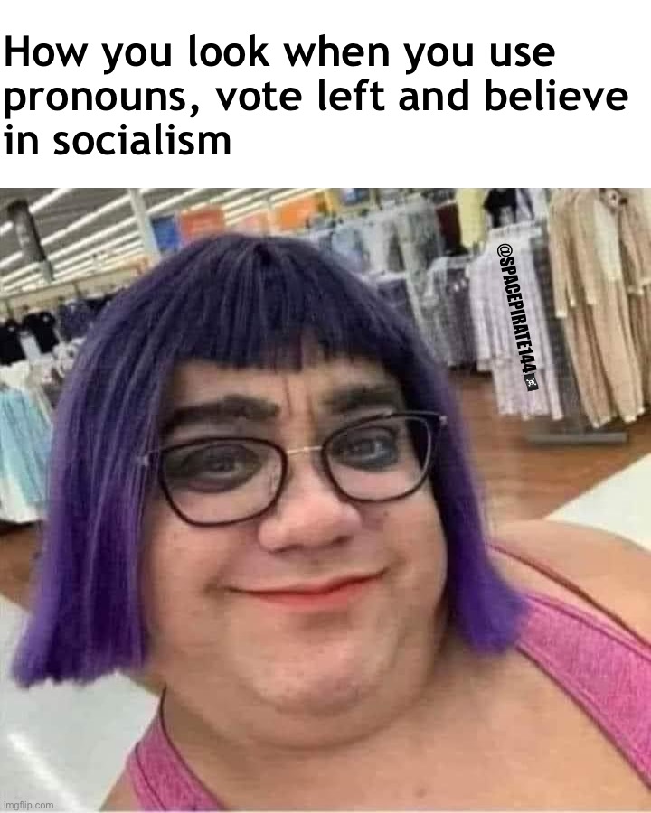 Purple Haired Leftist | How you look when you use 
pronouns, vote left and believe 
in socialism; @SPACEPIRATE144🏴‍☠️ | image tagged in leftist,liberal,pronouns,woke | made w/ Imgflip meme maker