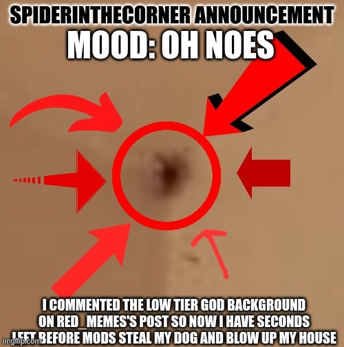 i don't have much time to explain | MOOD: OH NOES; I COMMENTED THE LOW TIER GOD BACKGROUND ON RED_MEMES'S POST SO NOW I HAVE SECONDS LEFT BEFORE MODS STEAL MY DOG AND BLOW UP MY HOUSE | image tagged in spiderinthecorner announcement | made w/ Imgflip meme maker