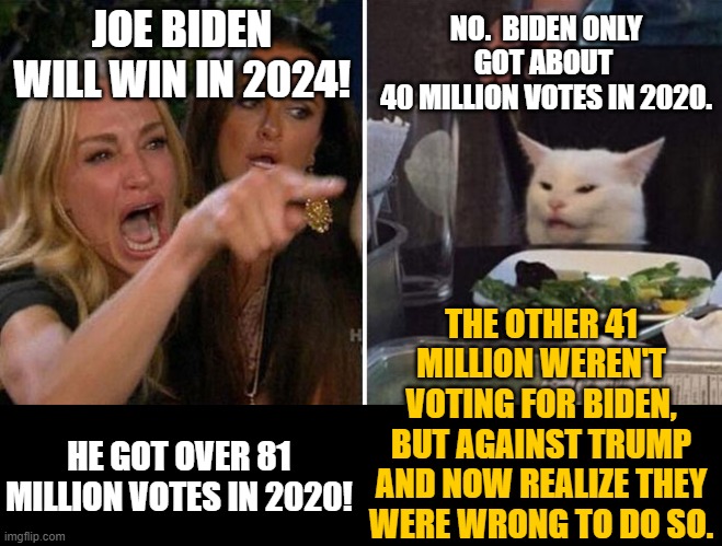 Biden doesn't generate excitement.  He barely campaigned.  His media henchmen peddled lies against Trump and ginned up fear. | NO.  BIDEN ONLY GOT ABOUT 
40 MILLION VOTES IN 2020. JOE BIDEN WILL WIN IN 2024! THE OTHER 41 MILLION WEREN'T VOTING FOR BIDEN, BUT AGAINST TRUMP
AND NOW REALIZE THEY WERE WRONG TO DO SO. HE GOT OVER 81 MILLION VOTES IN 2020! | image tagged in angry lady cat,election 2024,election 2020,liberal logic,trump 2024 | made w/ Imgflip meme maker