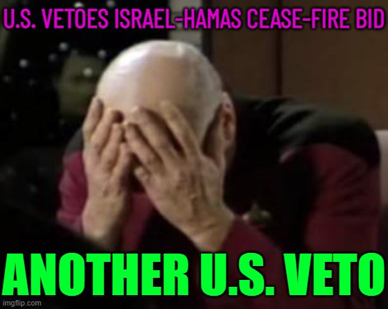 U.S. vetoes Israel-Hamas cease-fire bid | U.S. VETOES ISRAEL-HAMAS CEASE-FIRE BID; ANOTHER U.S. VETO | image tagged in picard facepalm,palestine,united nations,american politics,creepy joe biden,genocide | made w/ Imgflip meme maker