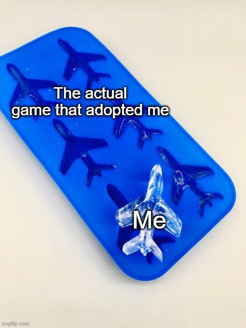 Who's your actual games? | The actual game that adopted me; Me | image tagged in airplane is the ice block,memes,funny | made w/ Imgflip meme maker