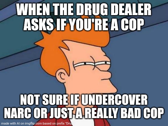 Futurama Fry | WHEN THE DRUG DEALER ASKS IF YOU'RE A COP; NOT SURE IF UNDERCOVER NARC OR JUST A REALLY BAD COP | image tagged in memes,futurama fry | made w/ Imgflip meme maker