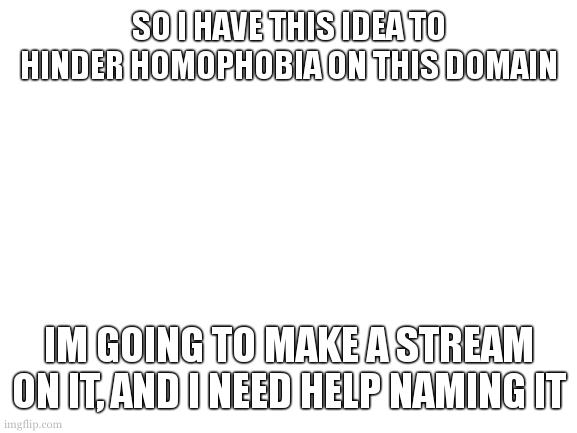 also i want to know what all of yall think | SO I HAVE THIS IDEA TO HINDER HOMOPHOBIA ON THIS DOMAIN; IM GOING TO MAKE A STREAM ON IT, AND I NEED HELP NAMING IT | image tagged in blank white template | made w/ Imgflip meme maker