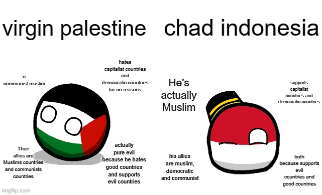 virgin palestine vs chad indonesia | chad indonesia; virgin palestine; hates capitalist countries and democratic countries for no reasons; is communist muslim; supports capitalist countries and democratic countries; He's actually Muslim; Their allies are Muslims countries and communists countries; actually pure evil because he hates good countries and supports evil countries; his allies are muslim, democratic and communist; both because supports evil countries and good countries | image tagged in virgin vs chad,virgin and chad,capitalist,communism,palestine,indonesia | made w/ Imgflip meme maker