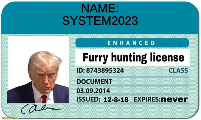 furry hunting license | NAME:
SYSTEM2023 | image tagged in furry hunting license | made w/ Imgflip meme maker