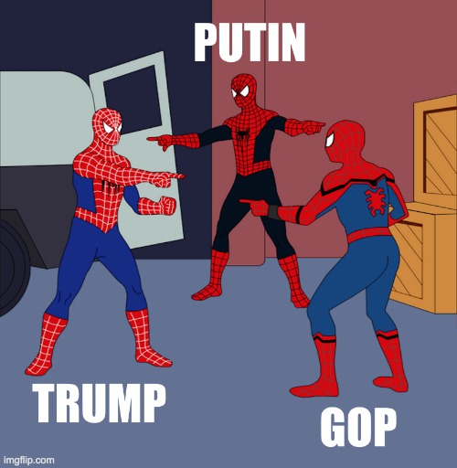 Three Spidermans FaceOff Trump Putin GOP Meme | image tagged in three spidermans faceoff trump putin gop meme | made w/ Imgflip meme maker