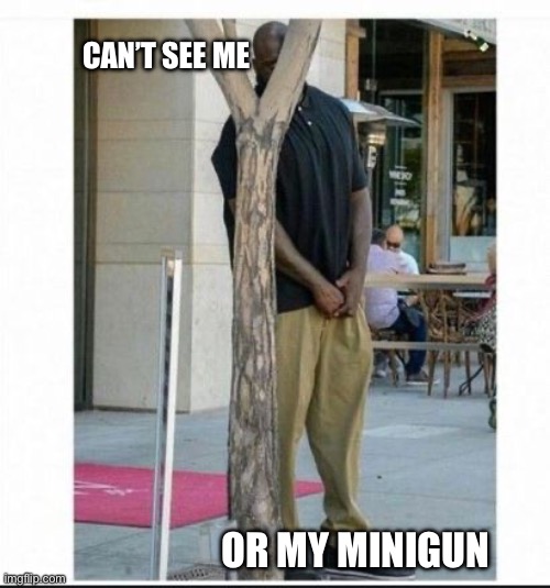 shaq behind tree | CAN’T SEE ME; OR MY MINIGUN | image tagged in shaq behind tree | made w/ Imgflip meme maker