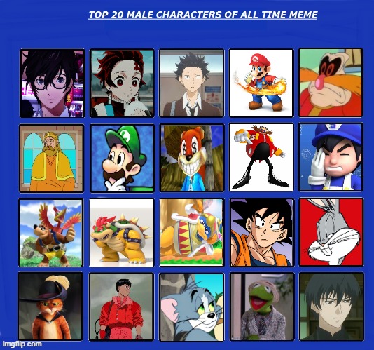 top 20 favorite male characters | image tagged in top 20 favorite male characters,video games,nintendo,warner bros,sega,anime | made w/ Imgflip meme maker
