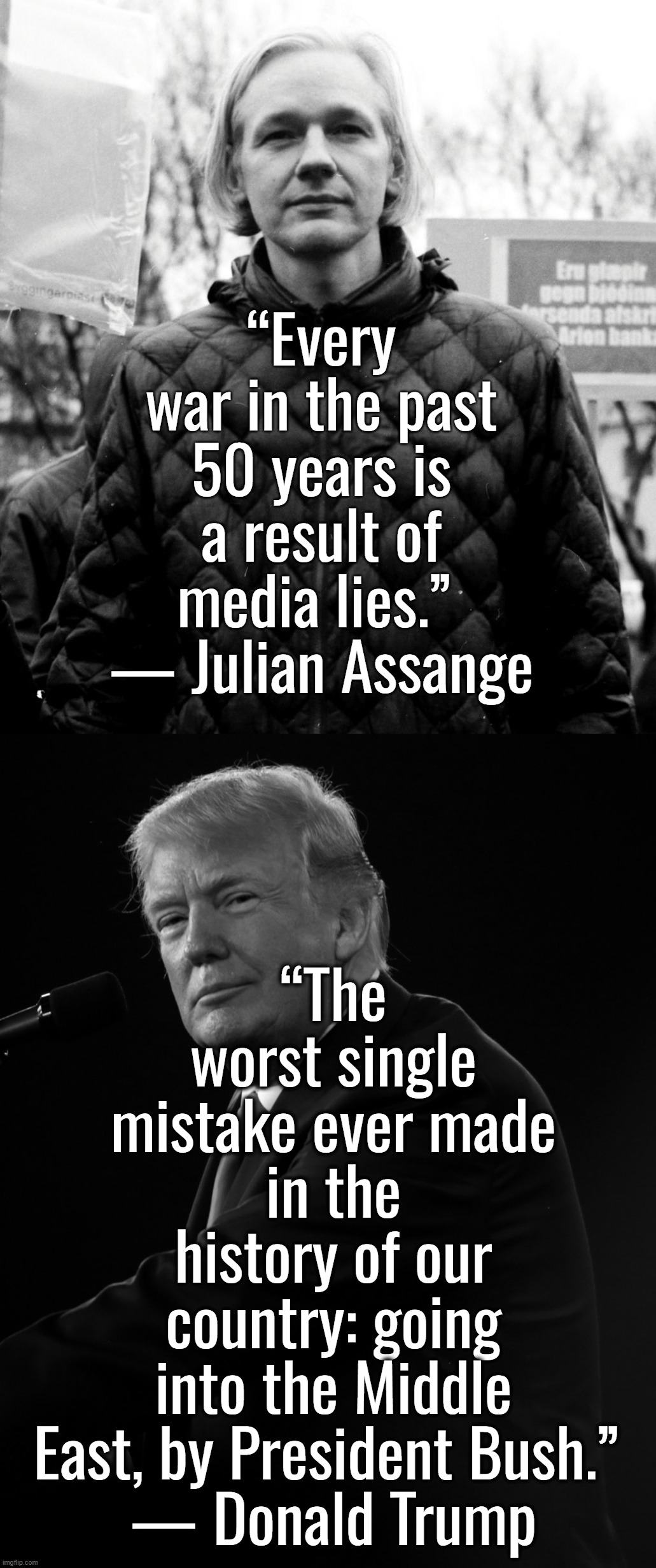 I retort, you deride . . . Chuck McConnell or Mitch Schumer? | “The worst single mistake ever made in the history of our country: going into the Middle East, by President Bush.” 
— Donald Trump; “Every war in the past 50 years is a result of media lies.” 
— Julian Assange | image tagged in julian assange,donald trump,hillary clinton,vladimir putin,tucker carlson | made w/ Imgflip meme maker