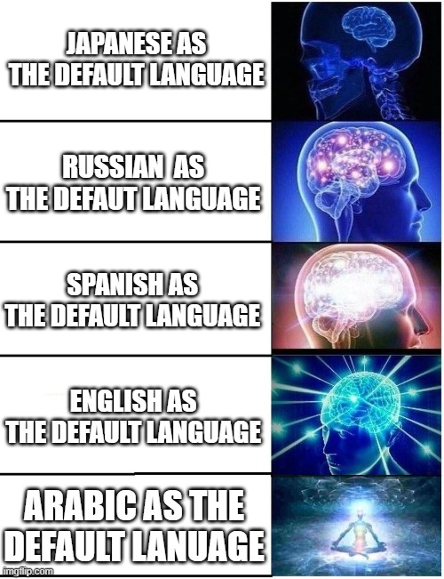 Expanding Brain 5 Panel | JAPANESE AS THE DEFAULT LANGUAGE; RUSSIAN  AS THE DEFAUT LANGUAGE; SPANISH AS THE DEFAULT LANGUAGE; ENGLISH AS THE DEFAULT LANGUAGE; ARABIC AS THE DEFAULT LANUAGE | image tagged in expanding brain 5 panel | made w/ Imgflip meme maker