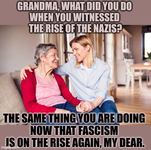 Are you closing the curtains to pretend you didn't see? | GRANDMA, WHAT DID YOU DO 
WHEN YOU WITNESSED 
THE RISE OF THE NAZIS? THE SAME THING YOU ARE DOING 
NOW THAT FASCISM 
IS ON THE RISE AGAIN, MY DEAR. | image tagged in fascism,nazis,complicit,action,and that's a fact,think about it | made w/ Imgflip meme maker