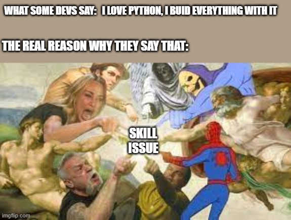 some python devs | WHAT SOME DEVS SAY:   I LOVE PYTHON, I BUID EVERYTHING WITH IT; THE REAL REASON WHY THEY SAY THAT:; SKILL ISSUE | image tagged in development,programming,python | made w/ Imgflip meme maker