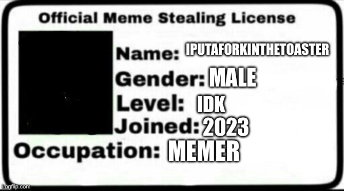 Meme Stealing License | IPUTAFORKINTHETOASTER MALE IDK 2023 MEMER | image tagged in meme stealing license | made w/ Imgflip meme maker
