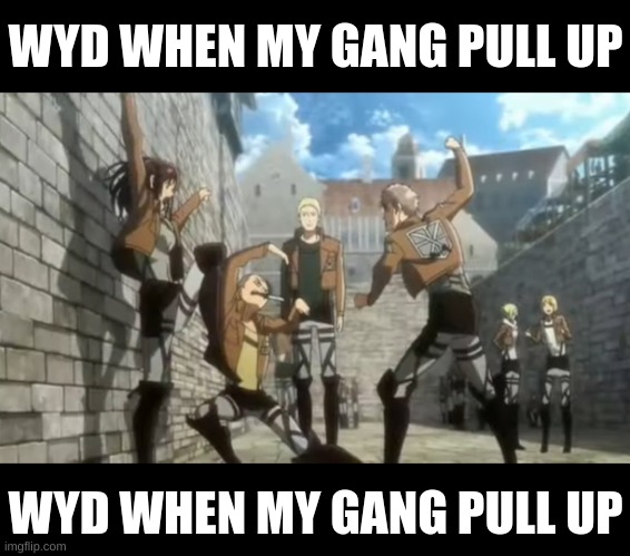 Wyd when my gng pull up | WYD WHEN MY GANG PULL UP; WYD WHEN MY GANG PULL UP | image tagged in snk,aot,attack on titan,anime,memes,strange question attack on titan | made w/ Imgflip meme maker