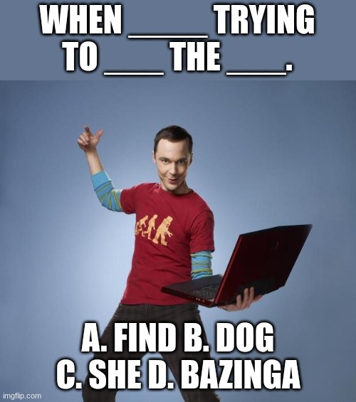BAZINGA | WHEN ____ TRYING TO ___ THE ___. A. FIND B. DOG C. SHE D. BAZINGA | image tagged in sheldon | made w/ Imgflip meme maker