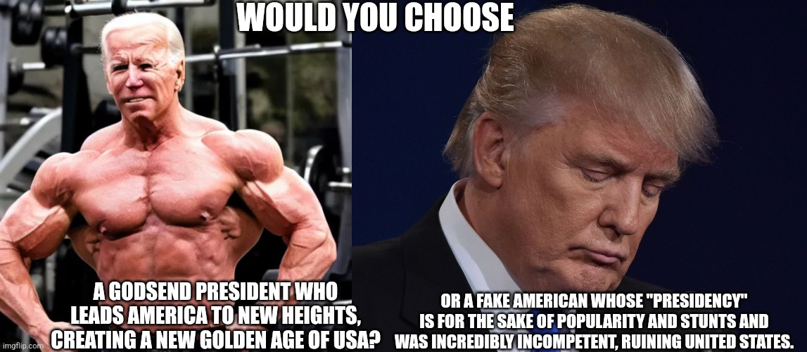 You choose. | WOULD YOU CHOOSE; A GODSEND PRESIDENT WHO LEADS AMERICA TO NEW HEIGHTS, CREATING A NEW GOLDEN AGE OF USA? OR A FAKE AMERICAN WHOSE "PRESIDENCY" IS FOR THE SAKE OF POPULARITY AND STUNTS AND WAS INCREDIBLY INCOMPETENT, RUINING UNITED STATES. | made w/ Imgflip meme maker