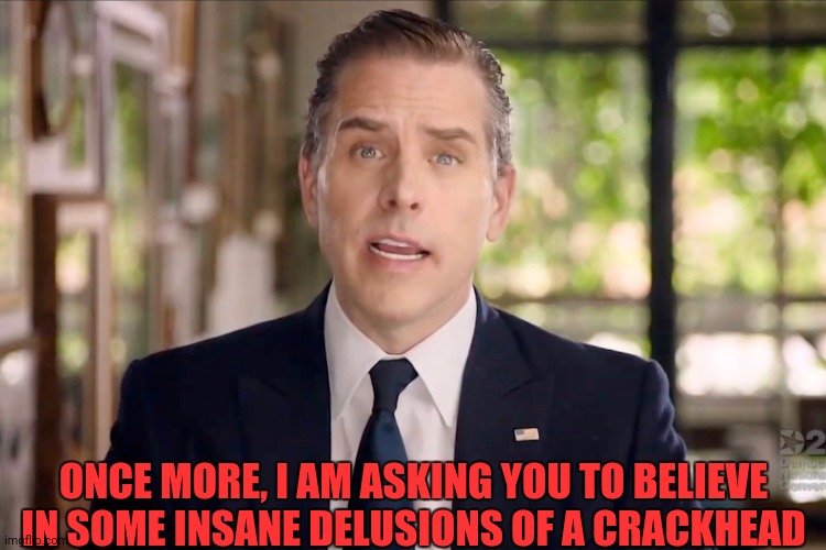 Hunter Biden | ONCE MORE, I AM ASKING YOU TO BELIEVE IN SOME INSANE DELUSIONS OF A CRACKHEAD | image tagged in hunter biden | made w/ Imgflip meme maker