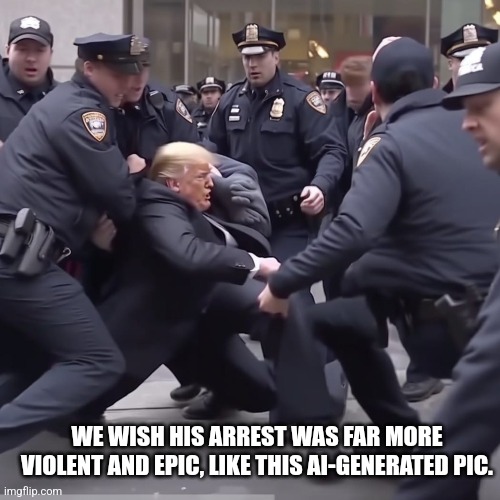 WE WISH HIS ARREST WAS FAR MORE VIOLENT AND EPIC, LIKE THIS AI-GENERATED PIC. | made w/ Imgflip meme maker