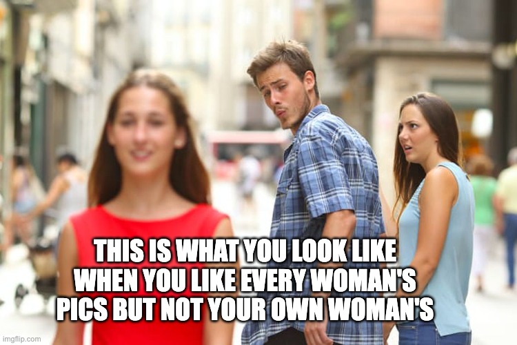 Liking other girls pics | THIS IS WHAT YOU LOOK LIKE WHEN YOU LIKE EVERY WOMAN'S PICS BUT NOT YOUR OWN WOMAN'S | image tagged in memes,distracted boyfriend | made w/ Imgflip meme maker