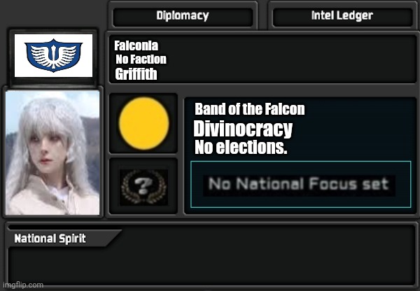 Falconia; No Faction; Griffith; Band of the Falcon; Divinocracy; No elections. | image tagged in memes,saint,hawk | made w/ Imgflip meme maker