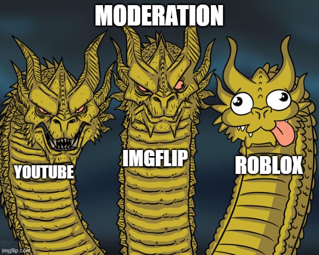 Moderation | MODERATION; IMGFLIP; ROBLOX; YOUTUBE | image tagged in three-headed dragon,roblox meme | made w/ Imgflip meme maker